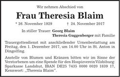 Traueranzeige Theresia Blaim