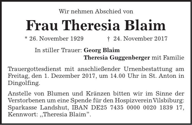 Traueranzeige Theresia Blaim