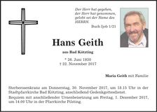 Traueranzeige Hans Geith