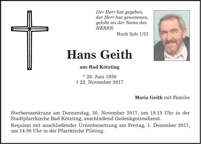 Traueranzeige Hans Geith