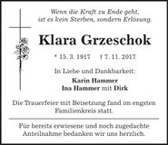 Traueranzeige Klara Grzeschok