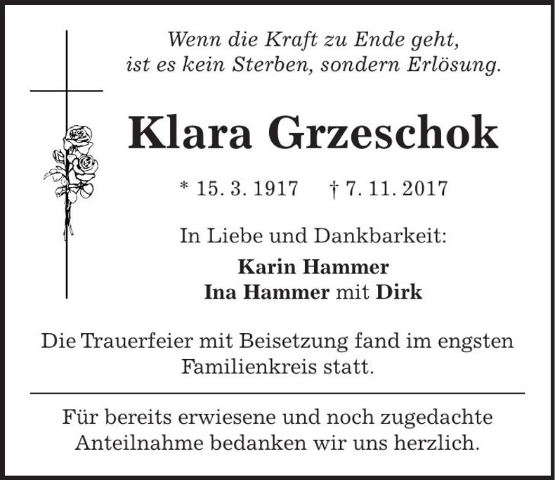 Traueranzeige Klara Grzeschok