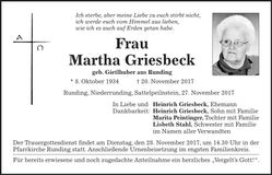 Traueranzeige Martha Griesbeck
