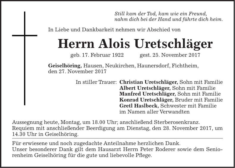Traueranzeige Alois Uretschläger