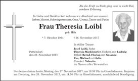 Traueranzeige Theresia Loibl