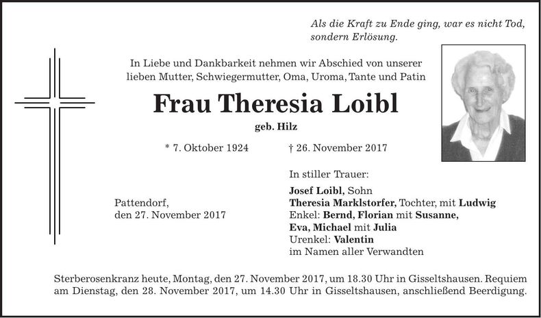 Traueranzeige Theresia Loibl