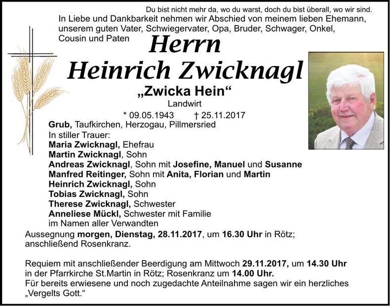 Traueranzeige Heinrich Zwicknagl