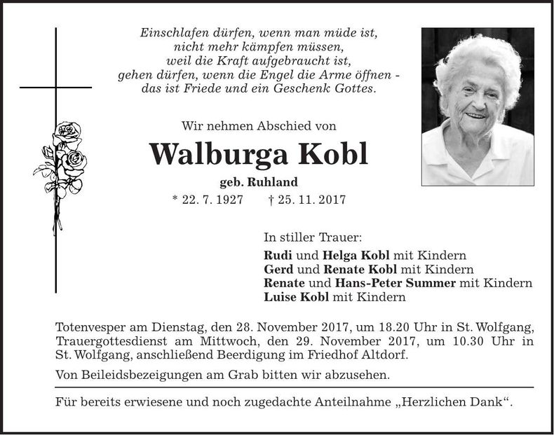 Traueranzeige Walburga Kobl