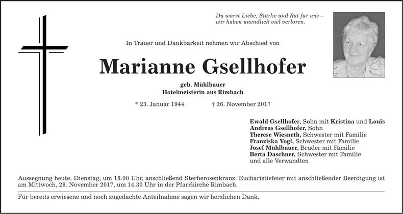 Traueranzeige Marianne Gsellhofer