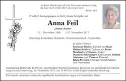 Traueranzeige Anna Feil