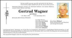 Traueranzeige Gertrud Wagner