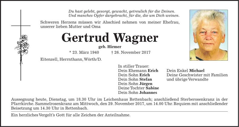 Traueranzeige Gertrud Wagner