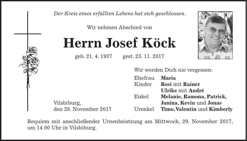 Traueranzeige Josef Köck