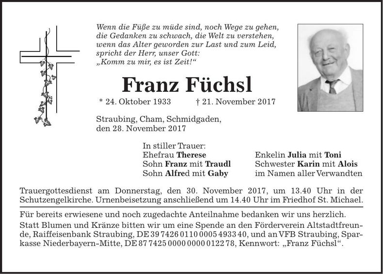 Traueranzeige Franz Füchsl