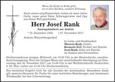Traueranzeige Josef Rank