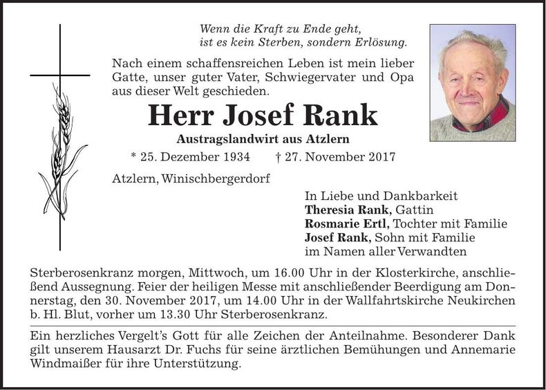 Traueranzeige Josef Rank
