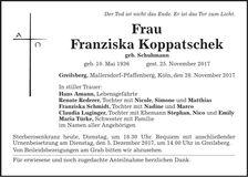 Traueranzeige Franziska Koppatschek
