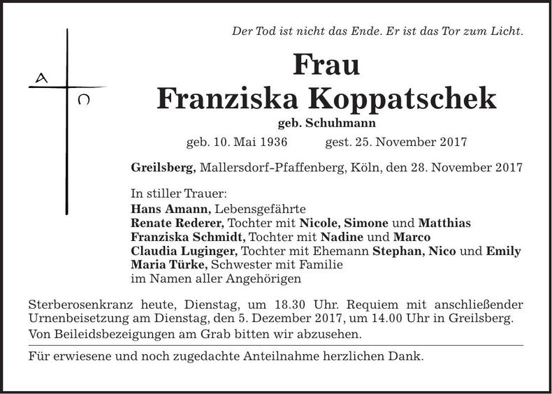 Traueranzeige Franziska Koppatschek