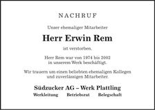 Traueranzeige Erwin Rem
