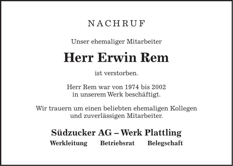 Traueranzeige Erwin Rem