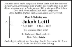 Traueranzeige Jakob Lettl
