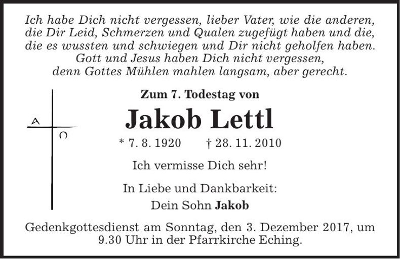 Traueranzeige Jakob Lettl