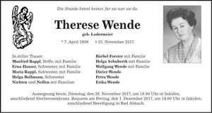 Traueranzeige Therese Wende