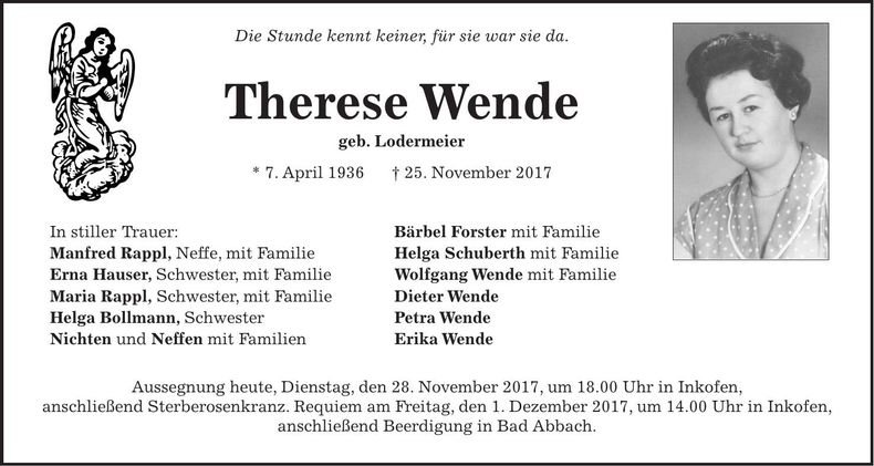 Traueranzeige Therese Wende