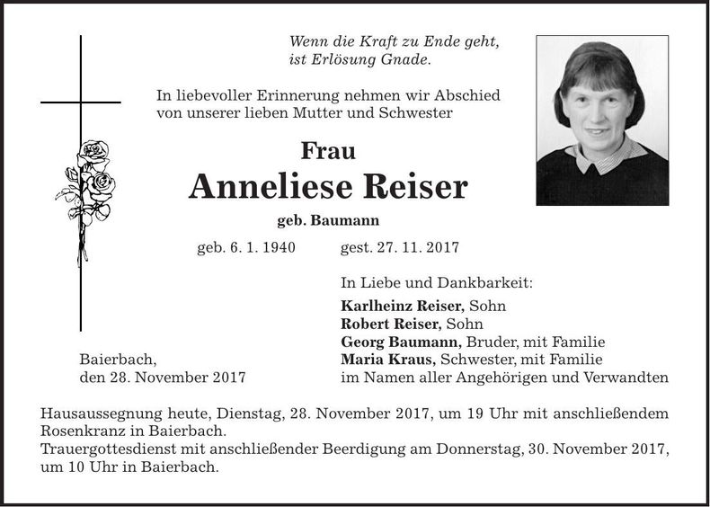 Traueranzeige Anneliese Reiser