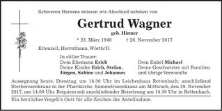 Traueranzeige Gertrud Wagner