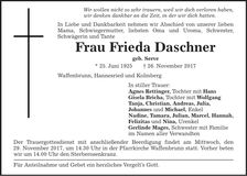 Traueranzeige Frieda Daschner