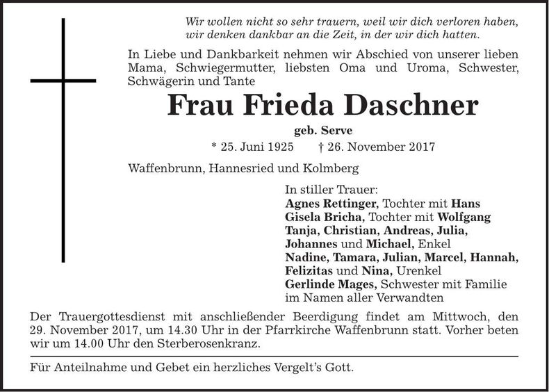 Traueranzeige Frieda Daschner