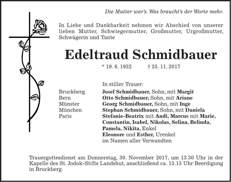 Traueranzeige Edeltraud Schmidbauer