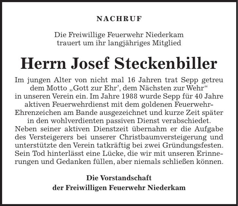 Traueranzeige Josef Steckenbiller