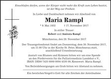 Traueranzeige Maria Rampl