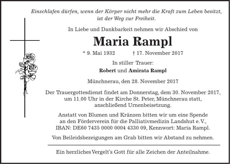Traueranzeige Maria Rampl