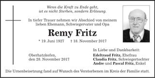 Traueranzeige Fritz Remy