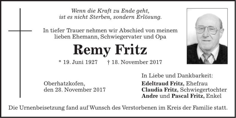 Traueranzeige Fritz Remy