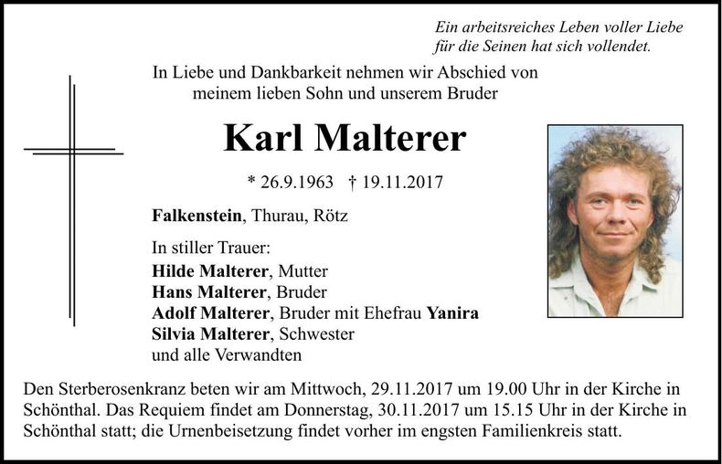 Traueranzeige Karl Malterer