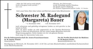 Traueranzeige Schwester M. Radegund (Margareta) Bauer