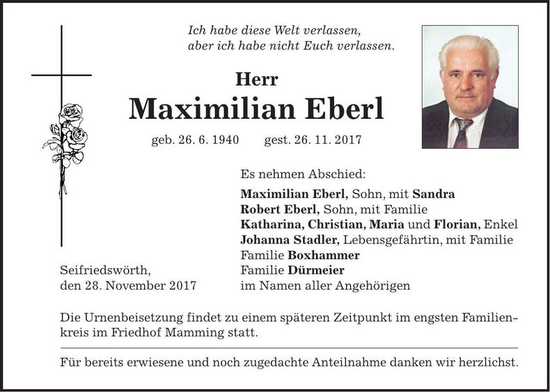 Traueranzeige Maximilian Eberl
