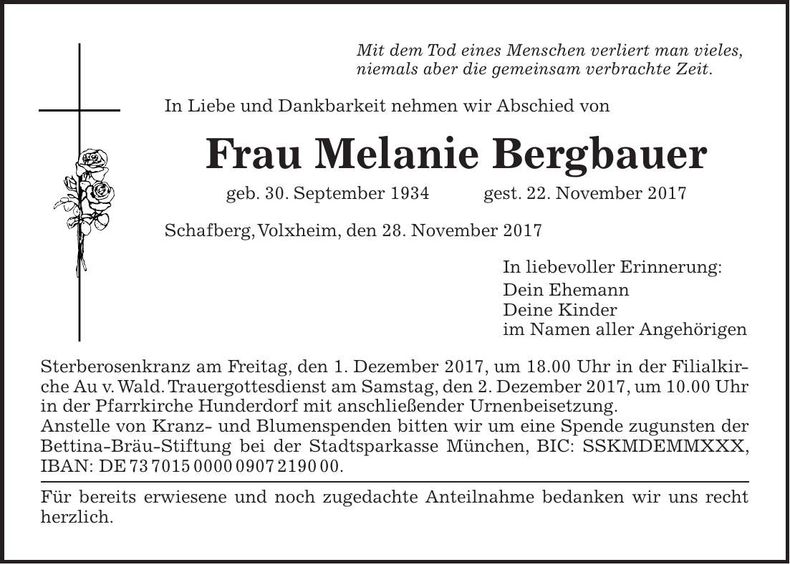 Traueranzeige Melanie Bergbauer