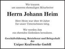 Traueranzeige Johann Heim