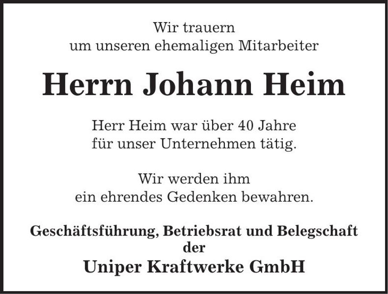 Traueranzeige Johann Heim