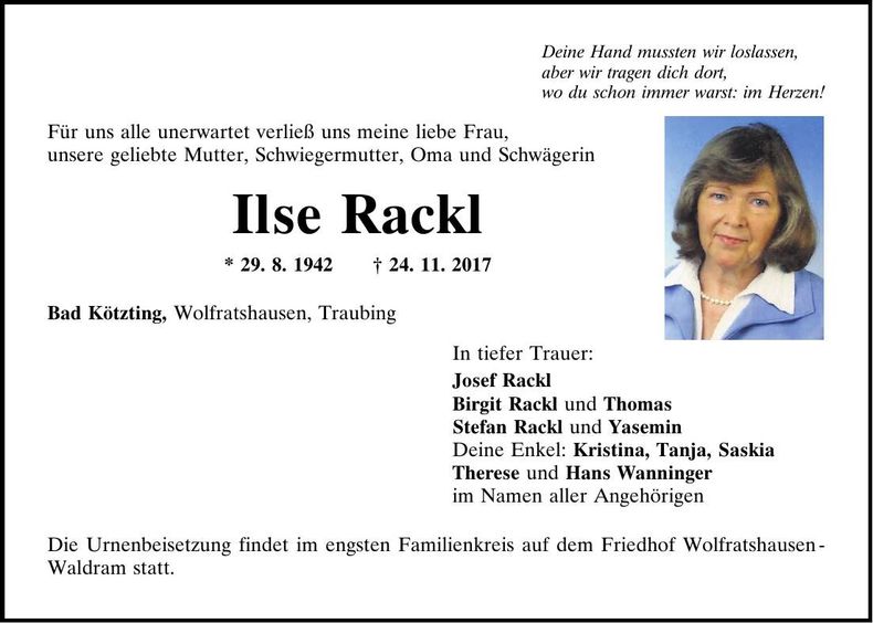 Traueranzeige Ilse Rackl