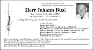 Traueranzeige Johann Busl