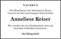 Traueranzeige Anneliese Reiser
