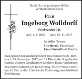 Traueranzeige Ingeborg Wolldorff