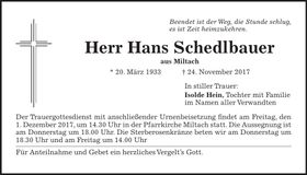 Traueranzeige Hans Schedlbauer
