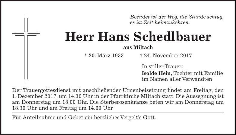 Traueranzeige Hans Schedlbauer